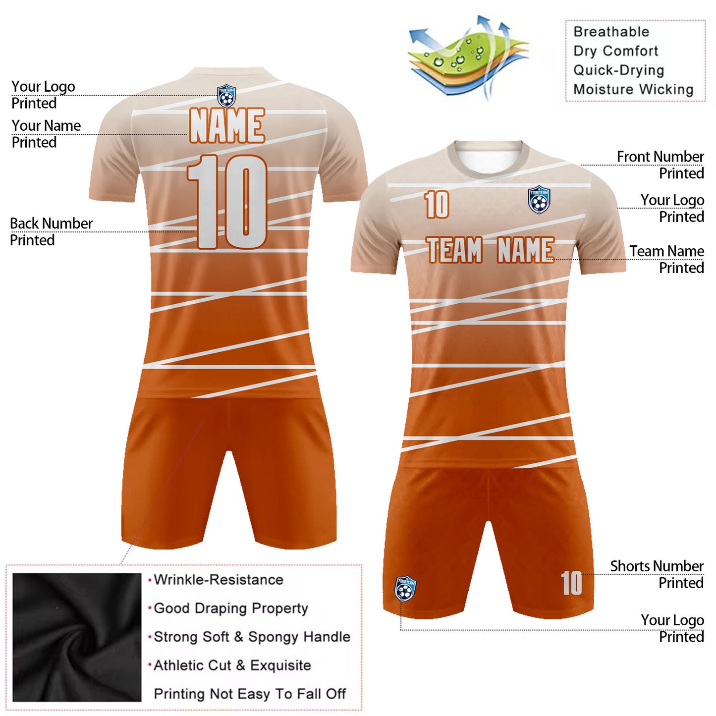 Custom Gradient Orange Striped Sublimation Soccer Uniform Jersey