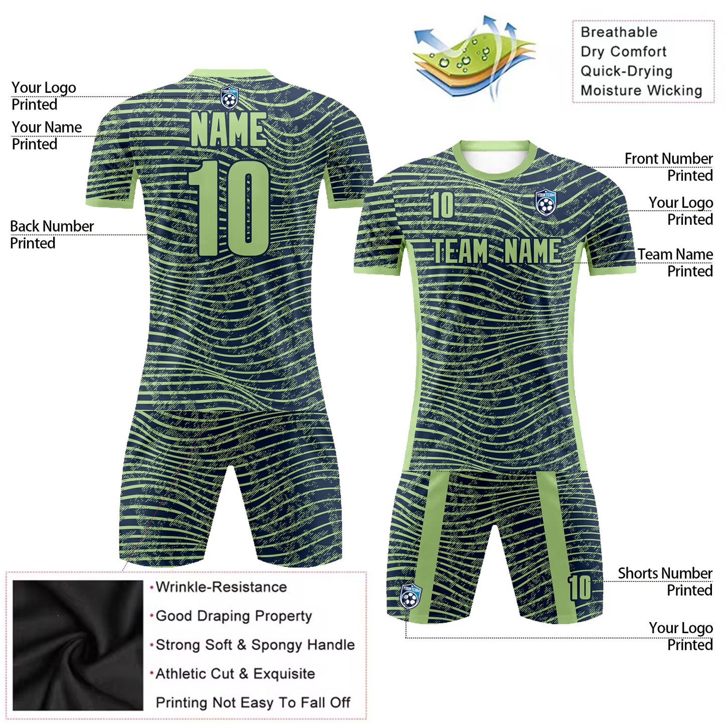 Custom Green Striped Soccer Uniform Sports T-shirt Short