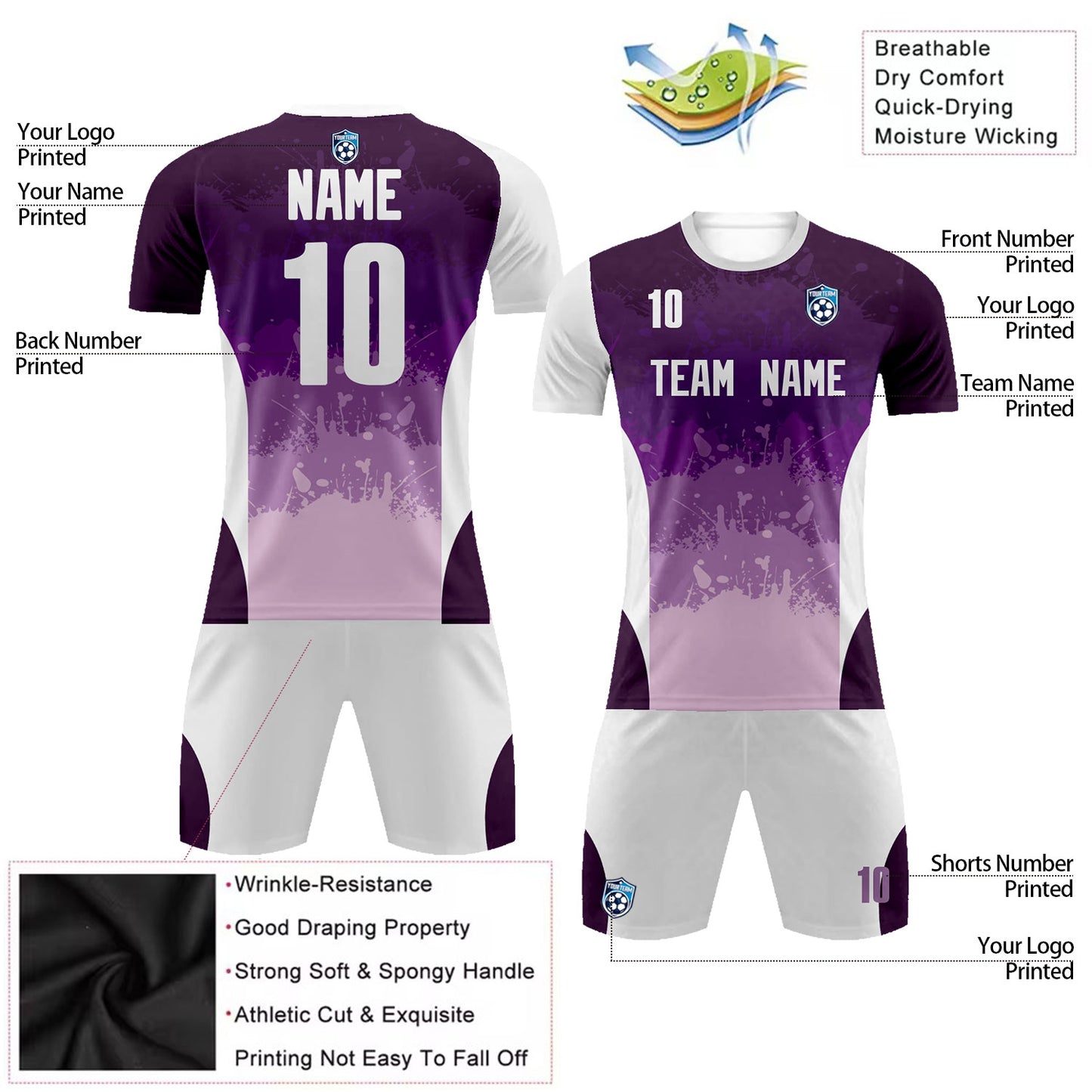 Custom Purple White Soccer Uniform Breathable Jersey