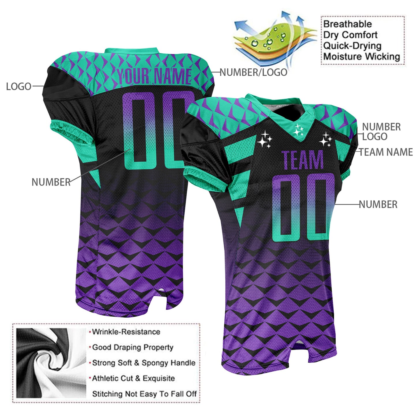 Custom Gradient Football Jersey with Name Number Logo