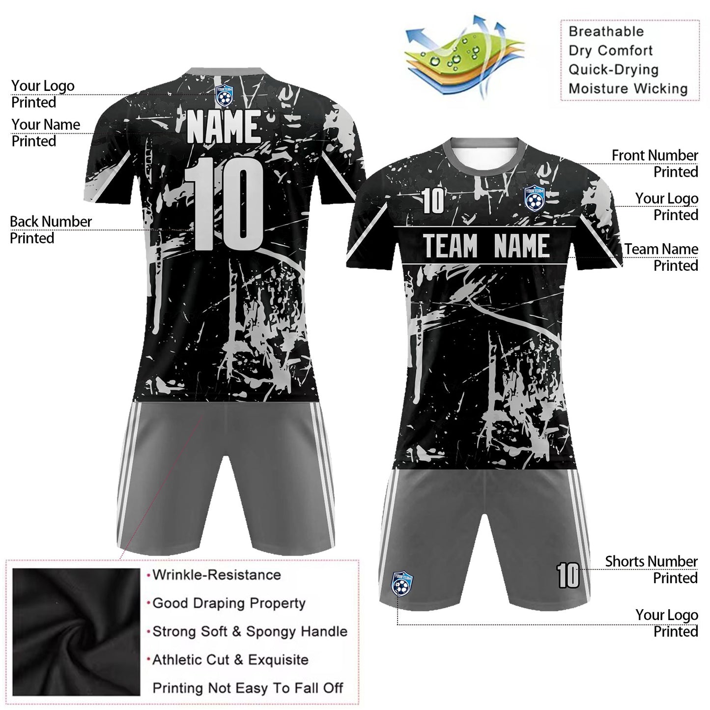 Custom Black Gray Graffiti Design Soccer Uniform