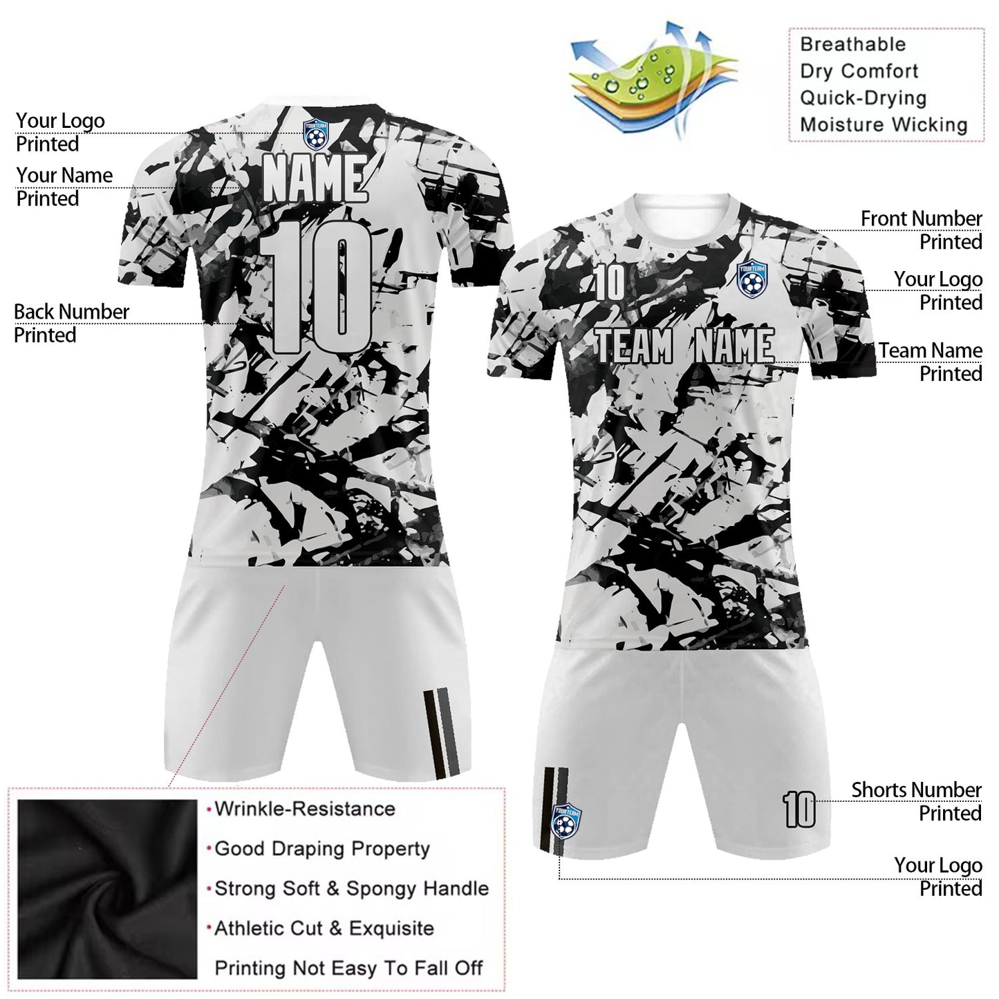 Custom White Black Graffiti Design Soccer Uniform