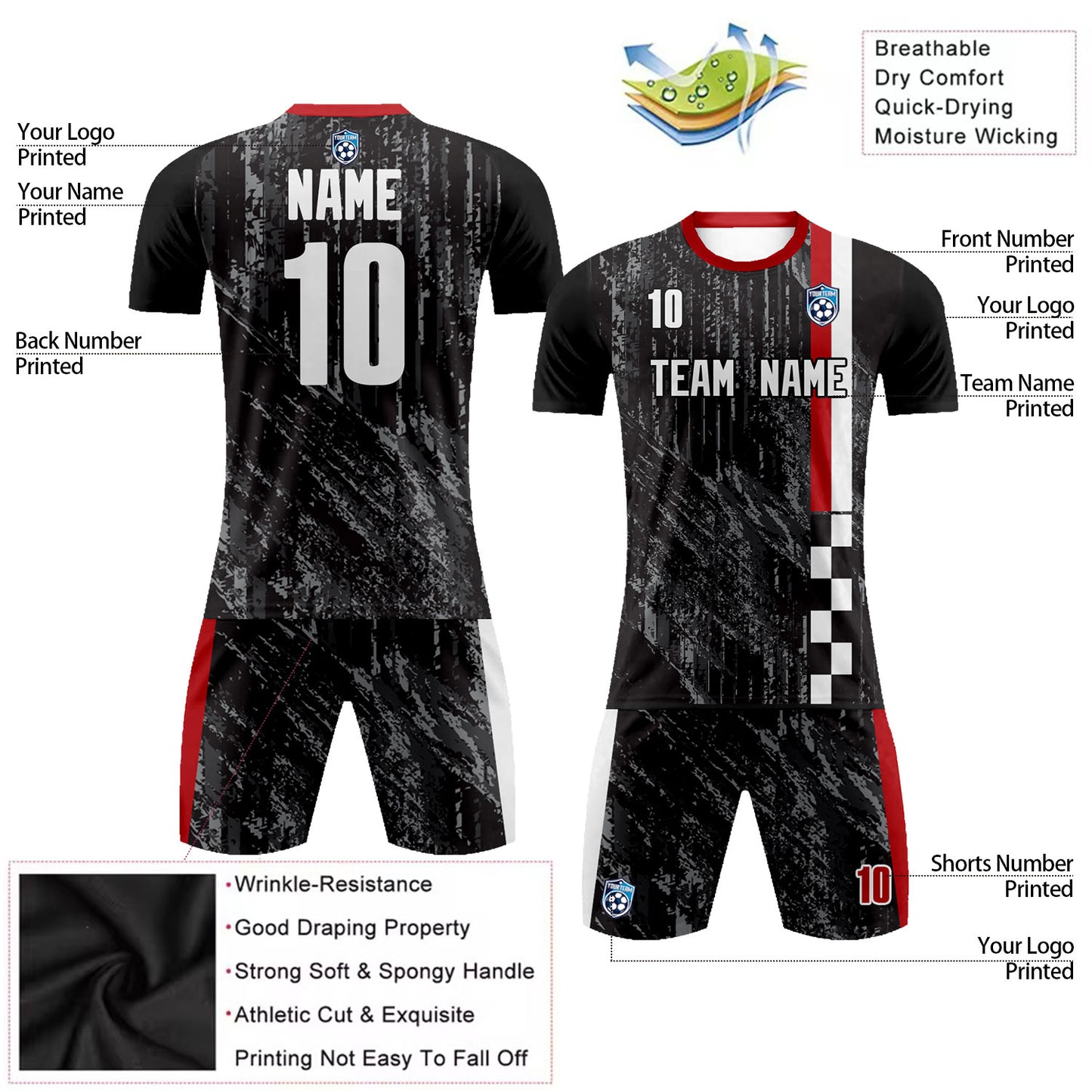 Custom Black Soccer Jersey Short Sports T-shirts