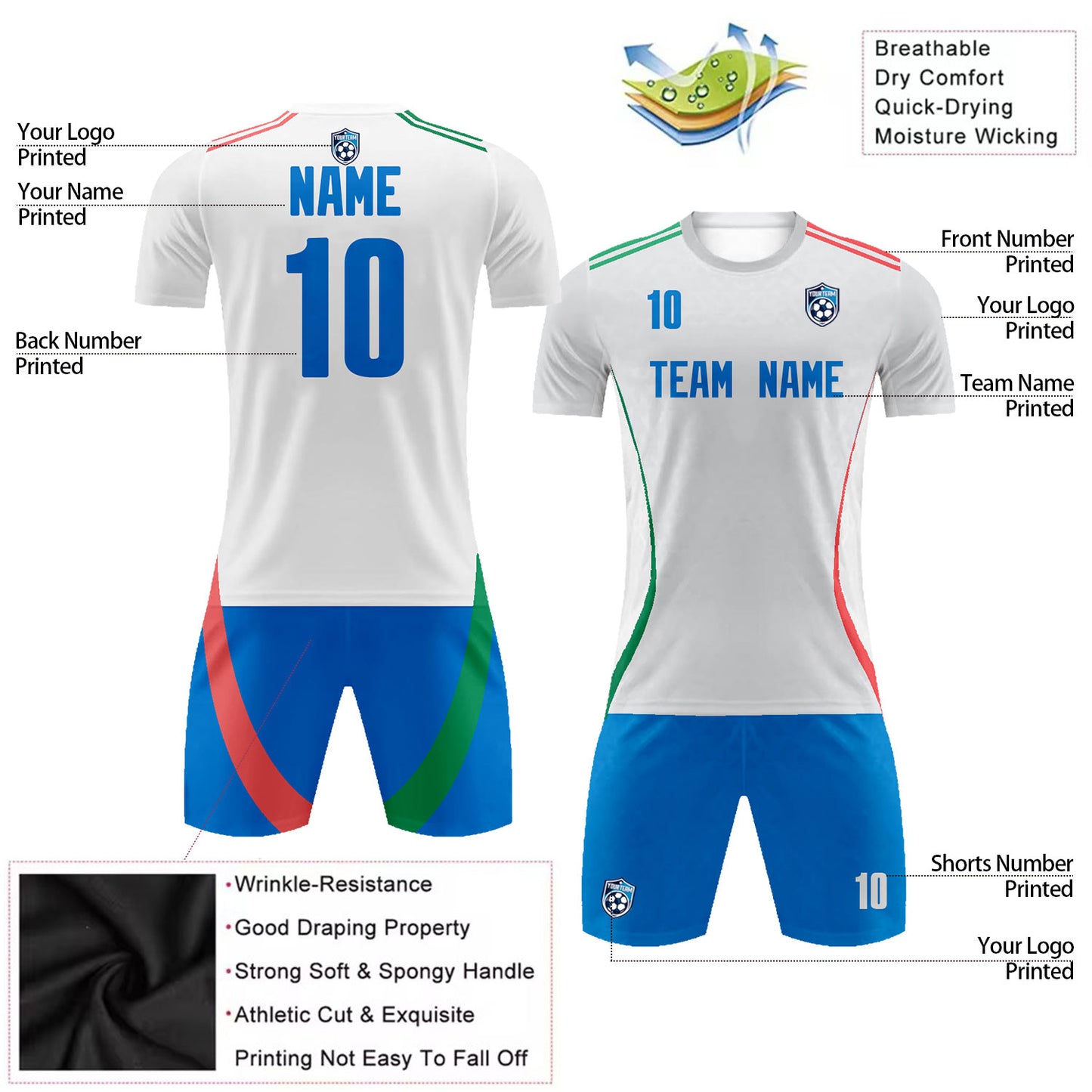 Custom Soccer Jersey Shorts with Name Number Logo