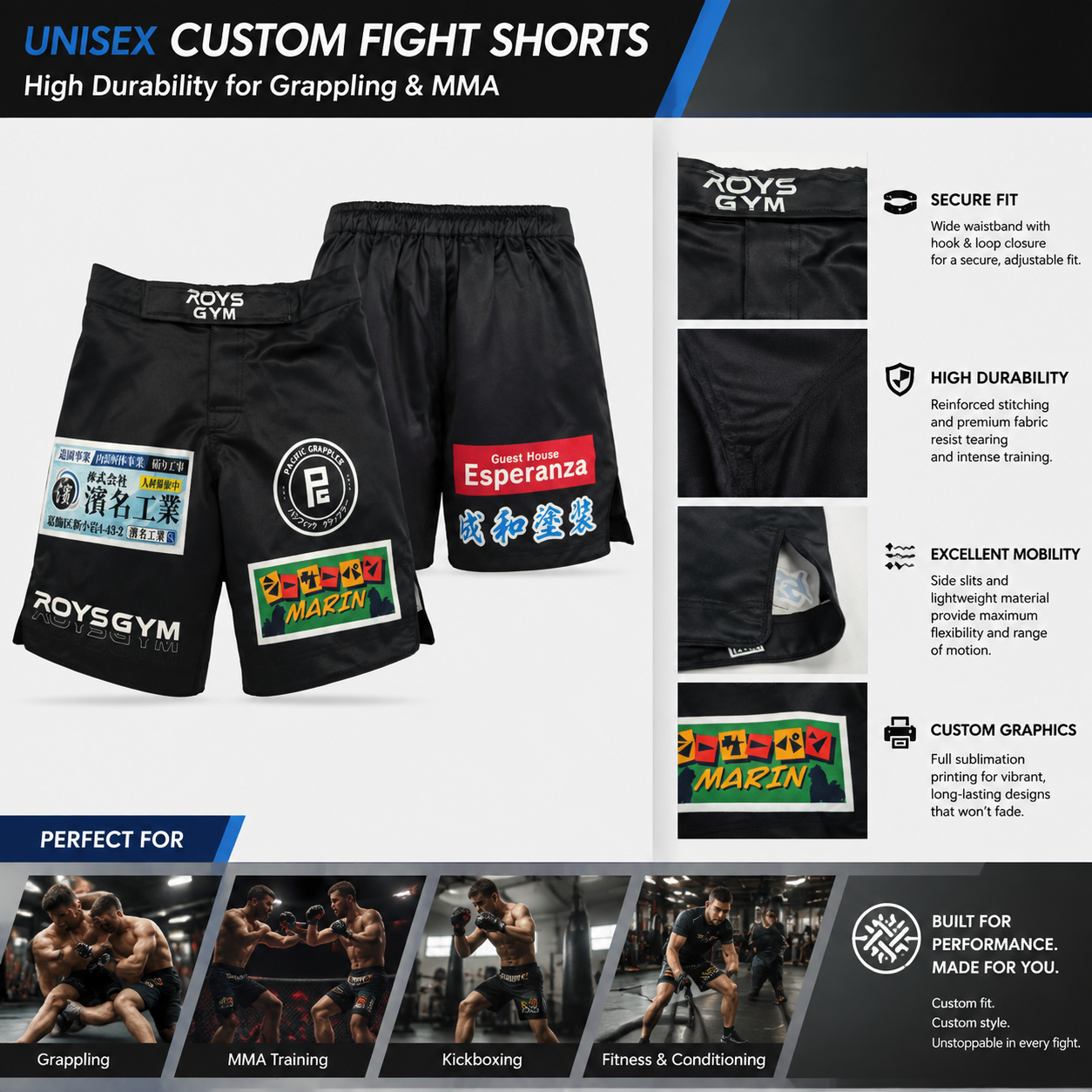 Unisex Custom Graphic Mid-Thigh Fight Short High Durability for Grappling